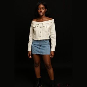 d’zzit S white distressed denim cut off raw hem off shoulder pocketed jacket